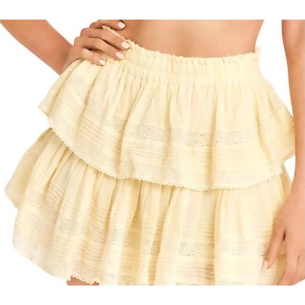 LoveShackFancy Ruffle Mini Skirt Yellow White Tie Dye Lace Boho Tiered L Large.